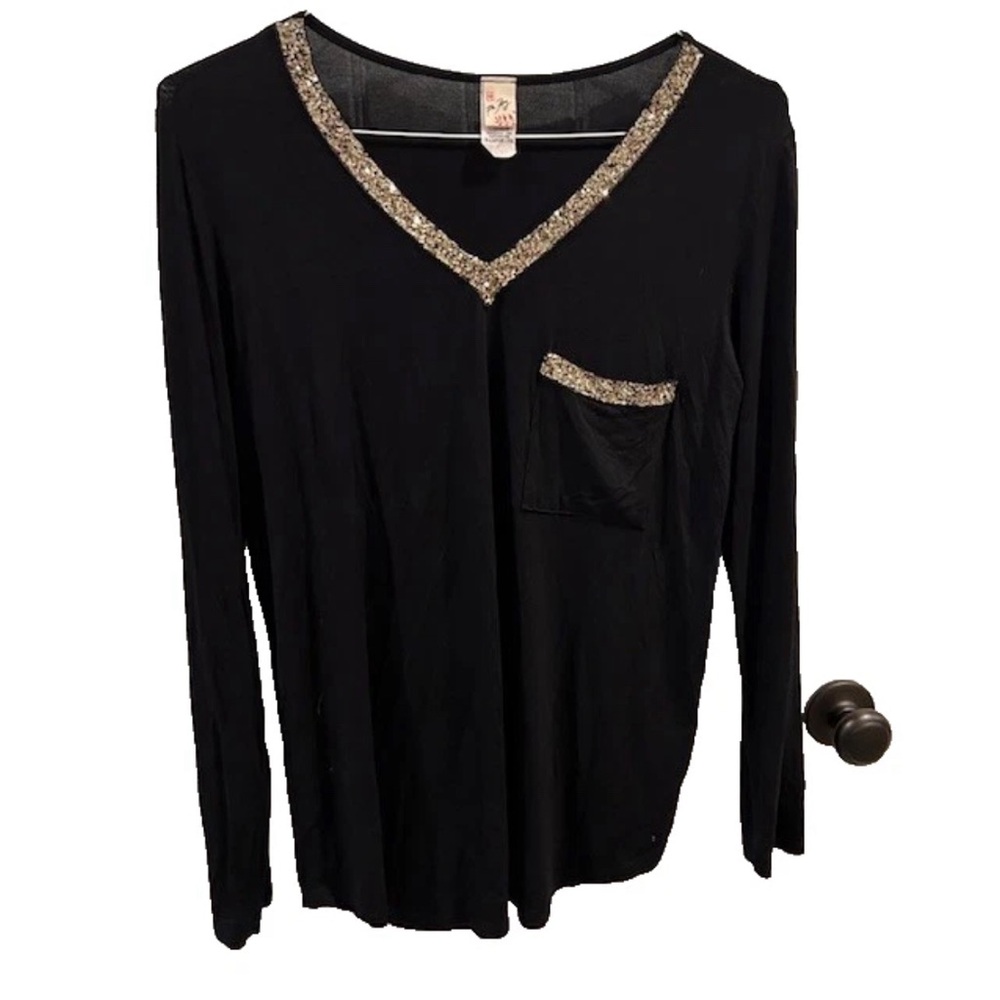 7th Ray Sequin V-Neck Top Womens XL Black Long‎ Sleeve Pocket